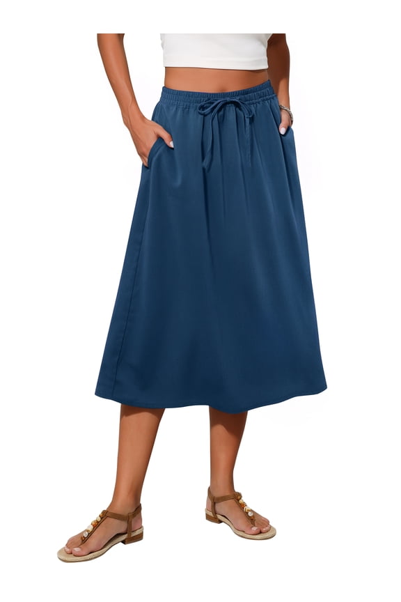 Womens Midi Skirts Elastic High Waist Skirt Flowy Trendy Skirts with Pockets