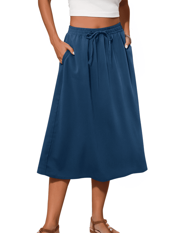 Midi Skirts for Womens Elastic High Waist Skirt Flowy Trendy Dresses Skirts with Pockets