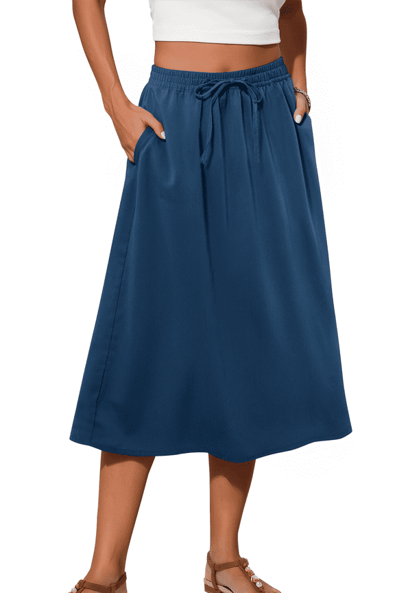 Womens Midi Skirts Elastic High Waist Skirt Flowy Trendy Skirts with Pockets