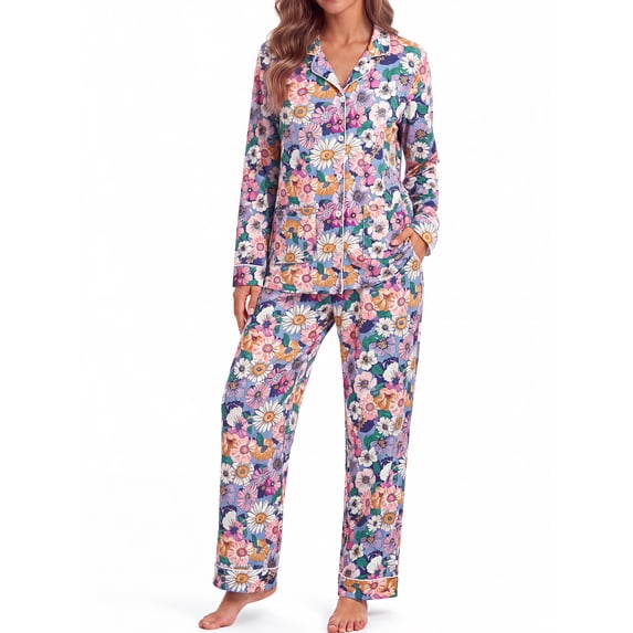 Fantaslook Womens Pajama Sets Button Down 2 Piece Pjs Long Sleeve Loose Floral Sleepwear with Pockets