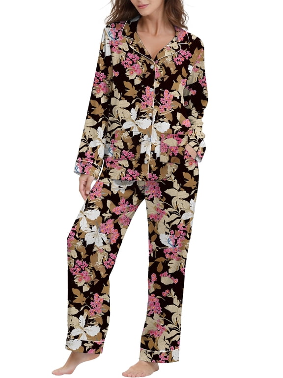 Womens Pajama Sets Button Down 2 Piece Pjs Long Sleeve Loose Floral Sleepwear with Pockets