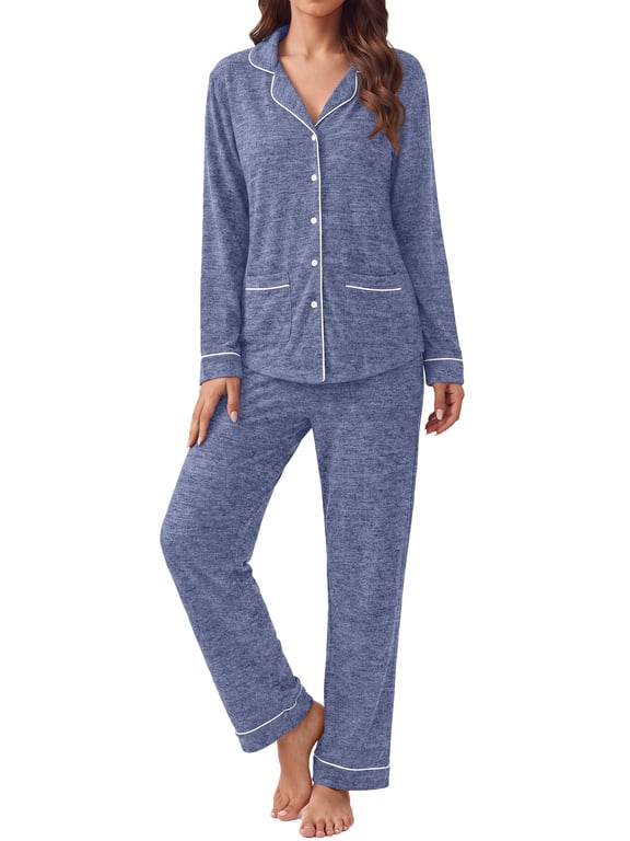 Womens Pajama Sets Long Sleeve Button Down Tops Drawstring Pants Sleepwear Nightwear Soft Pjs Sets with Pockets