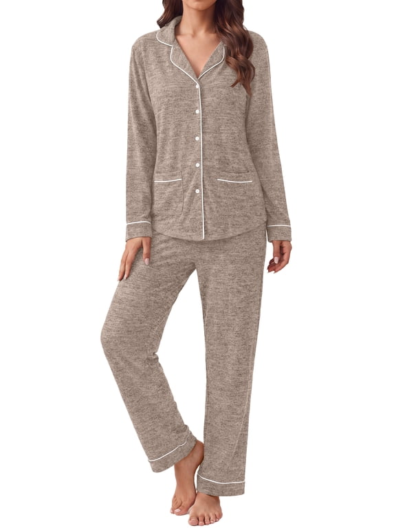 Womens Pajama Sets Long Sleeve Button Down Tops Drawstring Pants Sleepwear Nightwear Soft Pjs Sets with Pockets