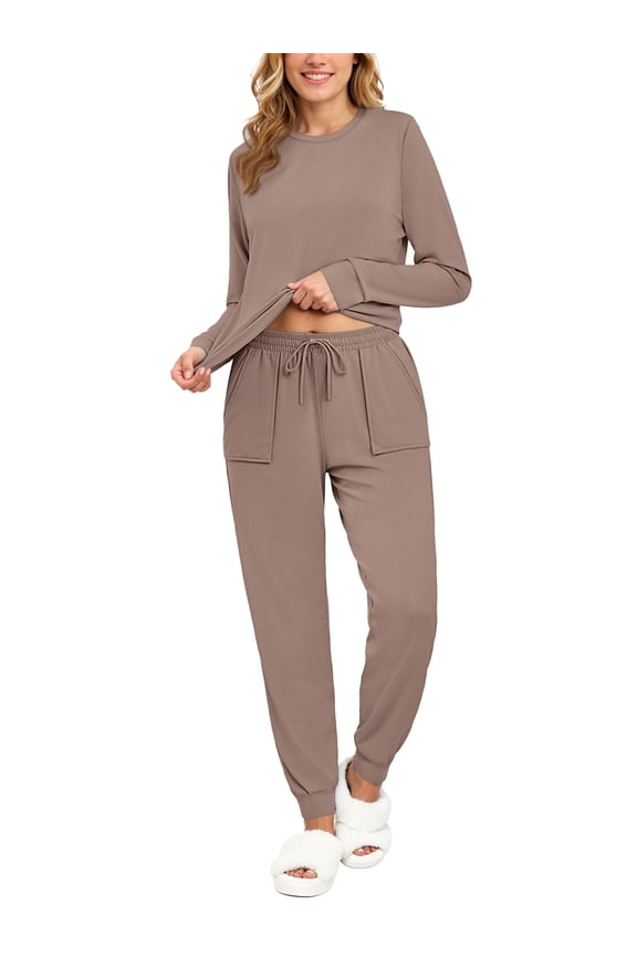 Womens Pajamas Sets Crew Neck Long Sleeve Tops and Pants Two Piece Lounge Sets Fall Outfits with Pockets