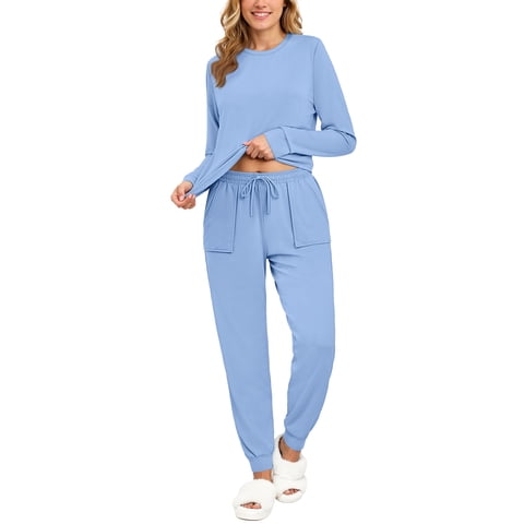 Womens Pajamas Sets Crew Neck Long Sleeve Tops and Pants Two Piece Lounge Sets Fall Outfits with Pockets