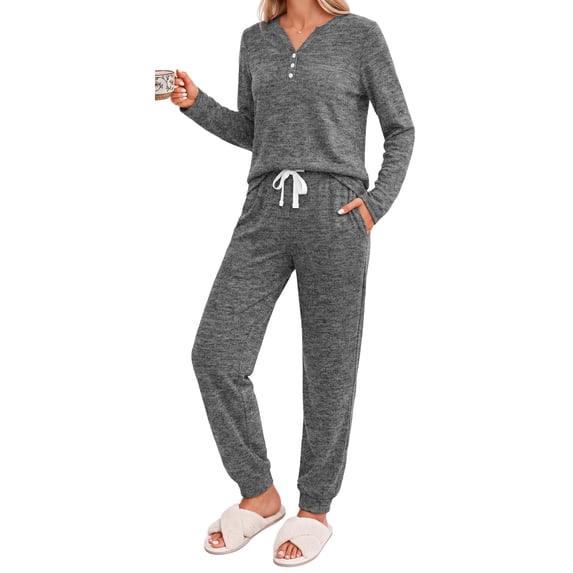 Fantaslook Womens Pajamas Sets Long Sleeve Matching Lounge Set Fall Travel Outfits Jogger Sweatsuits with Pocket Button Down Sleepwear