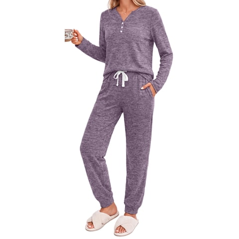 Womens Pajamas Sets Long Sleeve Matching Lounge Set Fall Travel Outfits Jogger Sweatsuits with Pocket Button Down Sleepwear