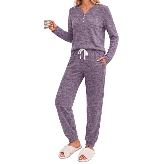 Fantaslook Womens Pajamas Sets Long Sleeve Matching Lounge Set Fall Travel Outfits Jogger Sweatsuits with Pocket Button Down Sleepwear