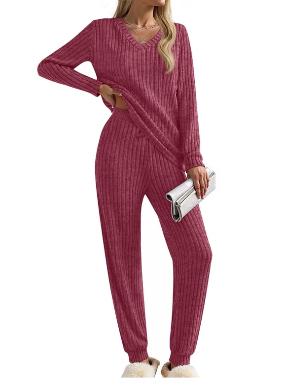 Womens Pajamas Sets Long Sleeve Shirts and Jogger Pants With Pockets Two Piece Lounge Sets Fall Oufits