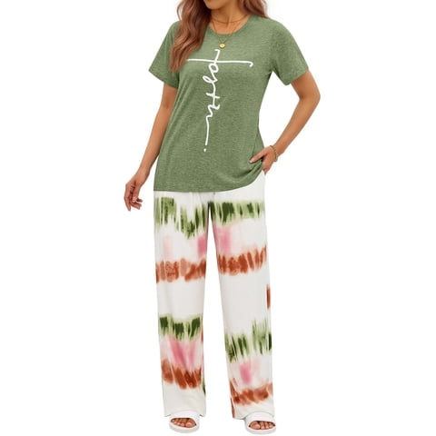 Womens Pajamas Sets Crewneck Short Sleeve Printed 2 Piece Outfits Set Tie Dye Casual Loungewear with Pockets