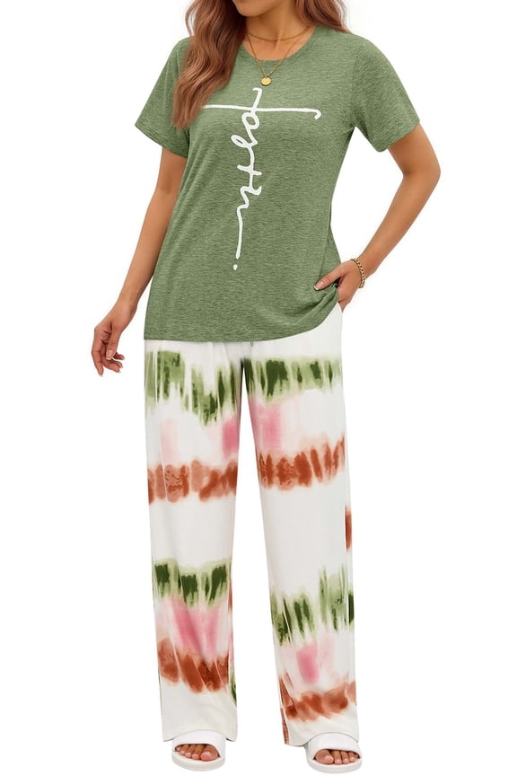 Womens Pajamas Sets Crewneck Short Sleeve Printed 2 Piece Outfits Set Tie Dye Casual Loungewear with Pockets