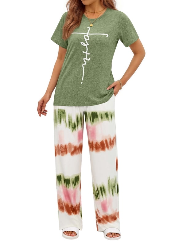 Womens Pajamas Sets Crewneck Short Sleeve Printed 2 Piece Outfits Set Tie Dye Casual Loungewear with Pockets