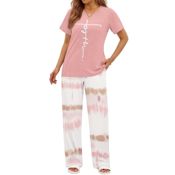 Fantaslook Womens Pajamas Sets Crewneck Short Sleeve Printed 2 Piece Outfits Set Tie Dye Casual Loungewear with Pockets