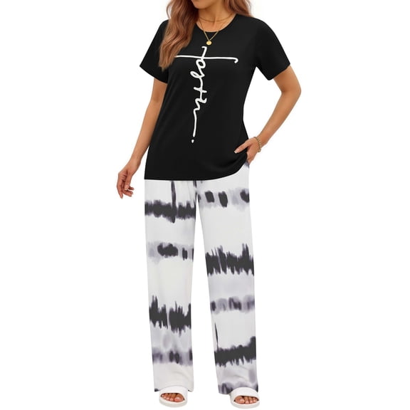 Fantaslook Womens Pajamas Sets Crewneck Short Sleeve Printed 2 Piece Outfits Set Tie Dye Casual Loungewear with Pockets