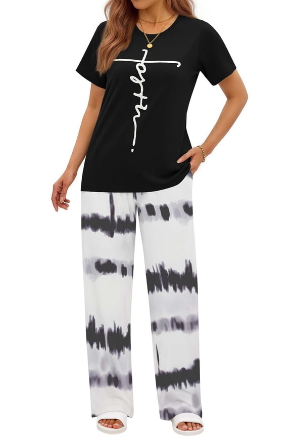 Womens Pajamas Sets Crewneck Short Sleeve Printed 2 Piece Outfits Set Tie Dye Casual Loungewear with Pockets
