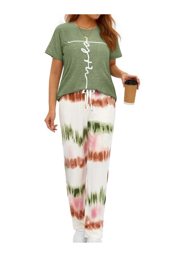Womens Pajamas Sets Short Sleeve Printed 2 Piece Outfits Set Tie Dye Casual Loungewear with Pockets