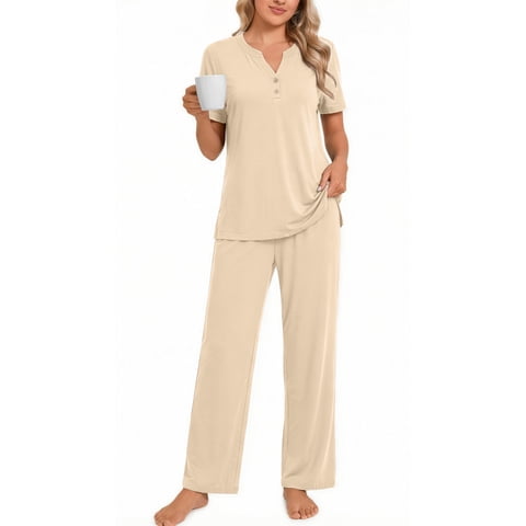 Womens Pajamas Sets V Neck Buttons Short Sleeve Top and Pant with Pockets Lounge Wear Set Outfits
