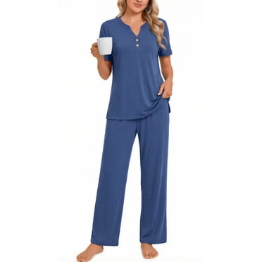 Fantaslook Womens Pajamas Sets V Neck Buttons Short Sleeve Top and Pant with Pockets Lounge Wear Set Outfits