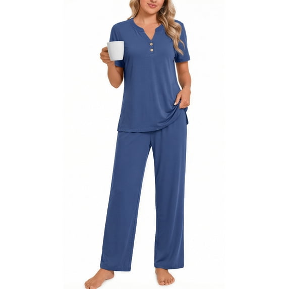 Fantaslook Womens Pajamas Sets V Neck Buttons Short Sleeve Top and Pant with Pockets Lounge Wear Set Outfits