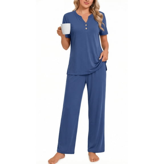 Fantaslook Womens Pajamas Sets V Neck Buttons Short Sleeve Top and Pant with Pockets Lounge Wear Set Outfits
