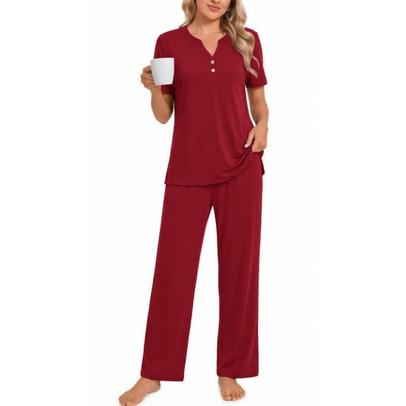 Fantaslook Womens Pajamas Sets V Neck Buttons Short Sleeve Top and Pant with Pockets Lounge Wear Set Outfits