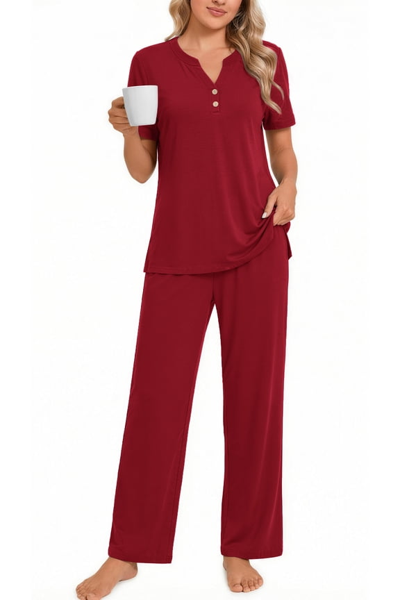 Womens Pajamas Sets V Neck Buttons Short Sleeve Top and Pant with Pockets Lounge Wear Set Outfits