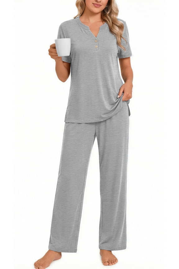 Womens Pajamas Sets V Neck Buttons Short Sleeve Top and Pant with Pockets Lounge Wear Set Outfits