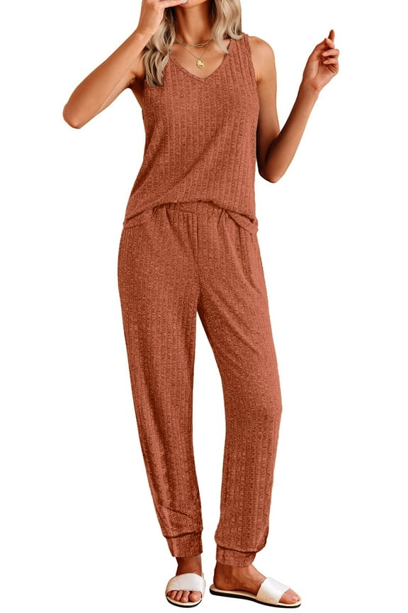 Womens Pajamas Sets V Neck Tank Tops and Long Pants Two Piece Lounge Sets Summer Oufits Loungewear