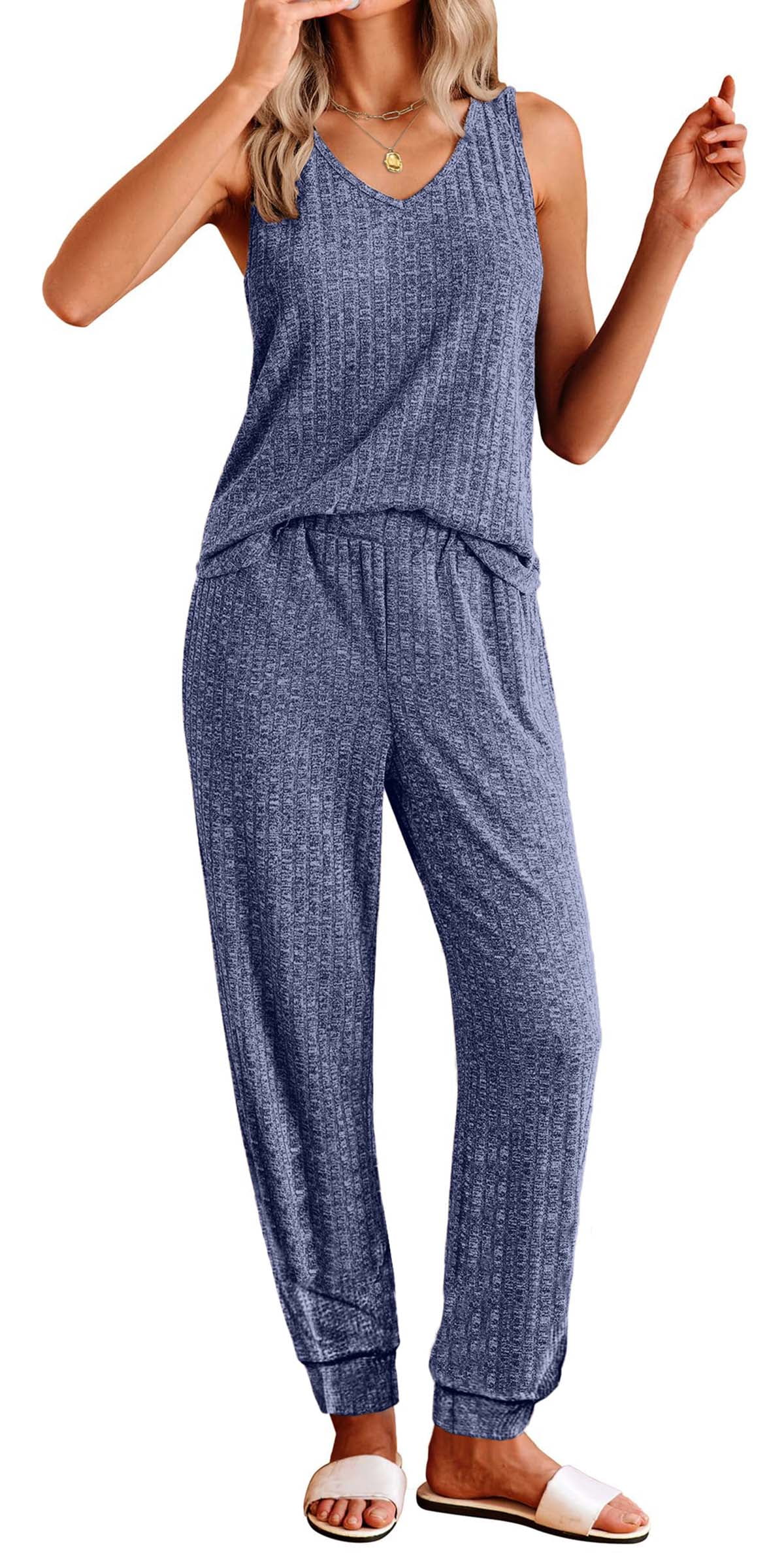 Womens Pajamas Sets V Neck Tank Tops and Long Pants Two Piece Lounge Sets Summer Oufits Loungewear