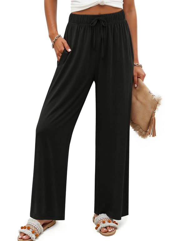 Womens Pants Casual Boho Palazzo Pants Wide Leg Lounge Pants Trousers with Pocket