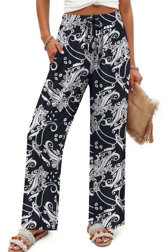 Womens Pants Casual Boho Palazzo Pants Wide Leg Lounge Pants Trousers with Pocket