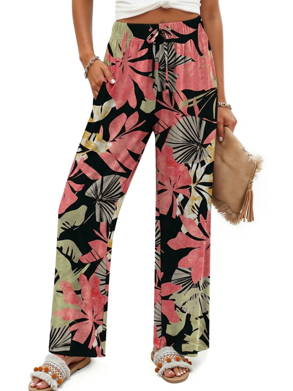 Womens Pants Casual Boho Palazzo Pants Wide Leg Lounge Pants Trousers with Pocket