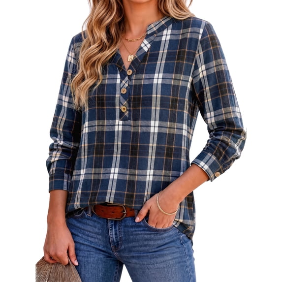 Fantaslook Womens Plaid Shirts Flannel Button Down Shirts Business Casual Long Sleeve Tops Dressy V Neck Blouses