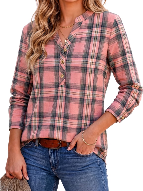 Womens Plaid Shirts Flannel Button Down Shirts Business Casual Long Sleeve Tops Dressy V Neck Blouses