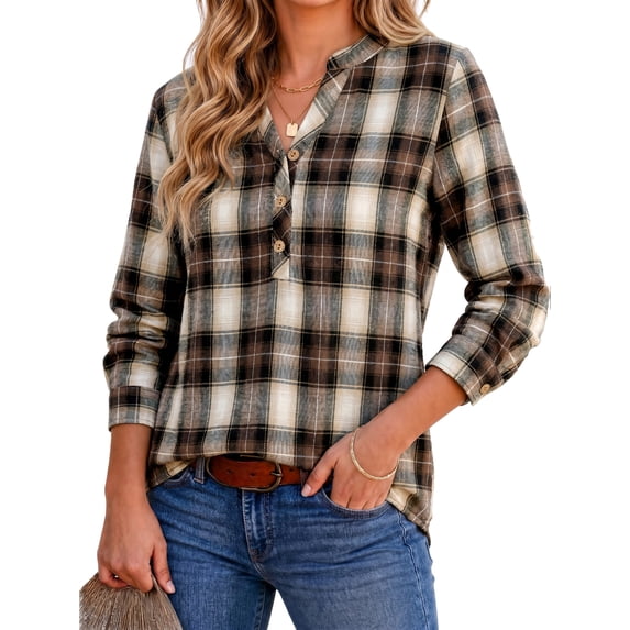 Fantaslook Womens Plaid Shirts Flannel Button Down Shirts Business Casual Long Sleeve Tops Dressy V Neck Blouses