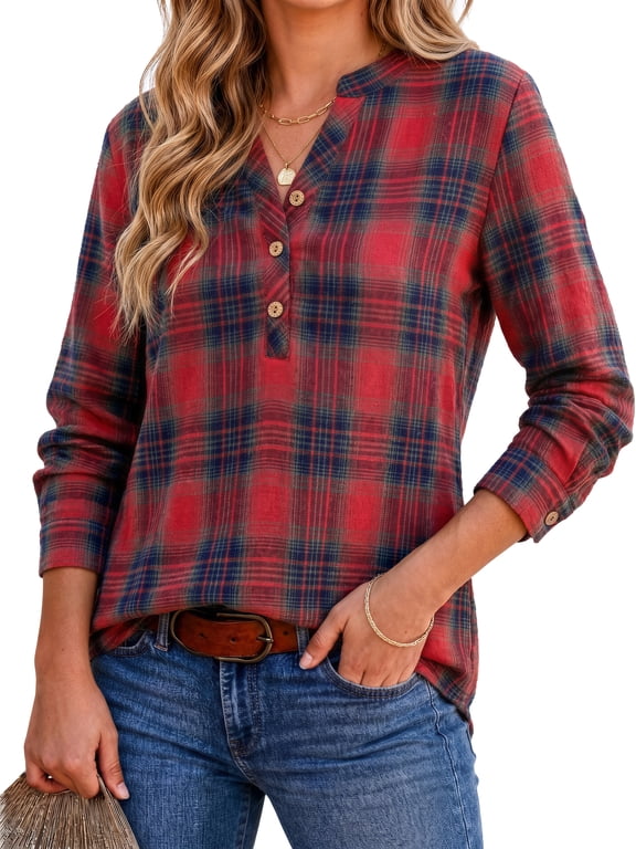 Womens Plaid Shirts Flannel Button Down Shirts Business Casual Long Sleeve Tops Dressy V Neck Blouses