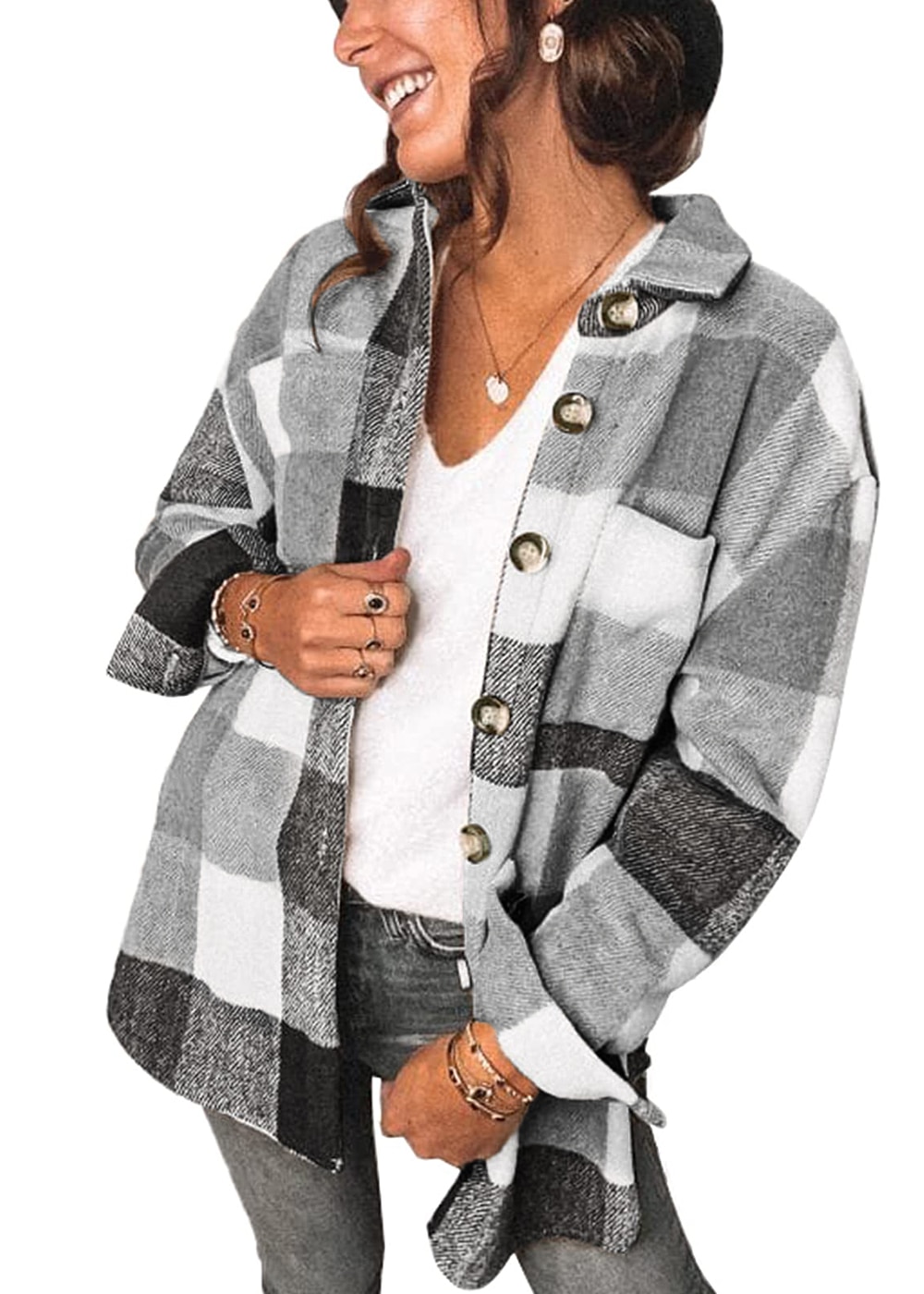 Fantaslook Womens Plaid Shirts Flannel Shacket Jacket Long Sleeve Button Down Boyfriend Shirt Coats, L - image 1 of 8
