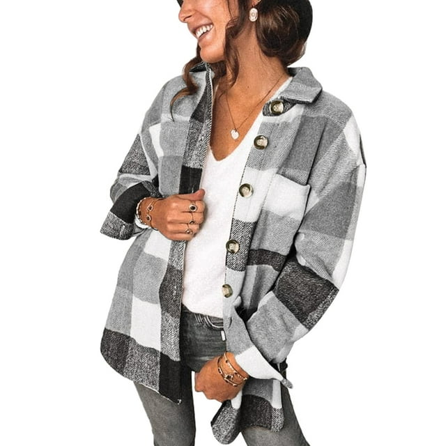 Fantaslook Womens Plaid Shirts Flannel Shacket Jacket Long Sleeve Button Down Boyfriend Shirt Coats, L