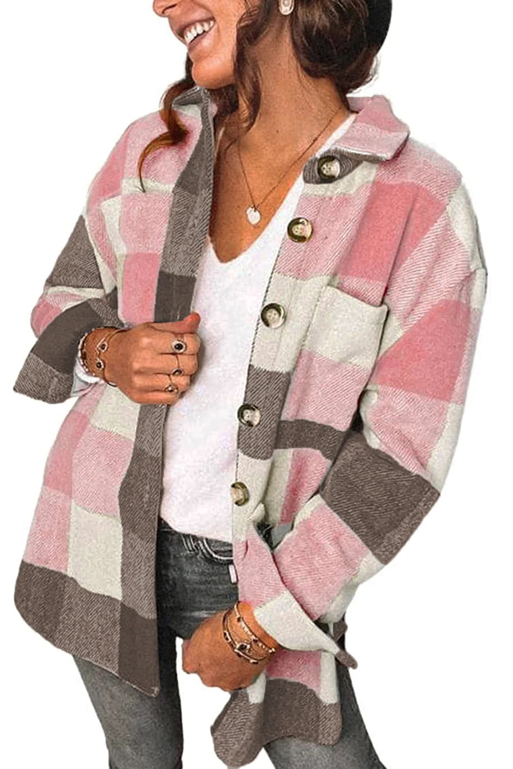 Womens Plaid Shirts Flannel Shacket Jacket Long Sleeve Button Down Boyfriend Shirt Coats