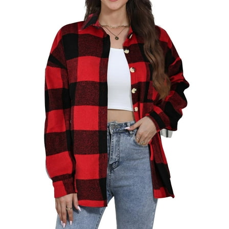 Fantaslook Womens Plaid Shirts Flannel Shacket Jacket Long Sleeve Button Down Boyfriend Shirt Coats