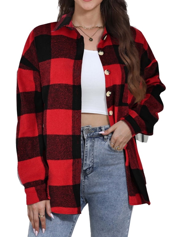 Womens Plaid Shirts Flannel Shacket Jacket Long Sleeve Button Down Boyfriend Shirt Coats
