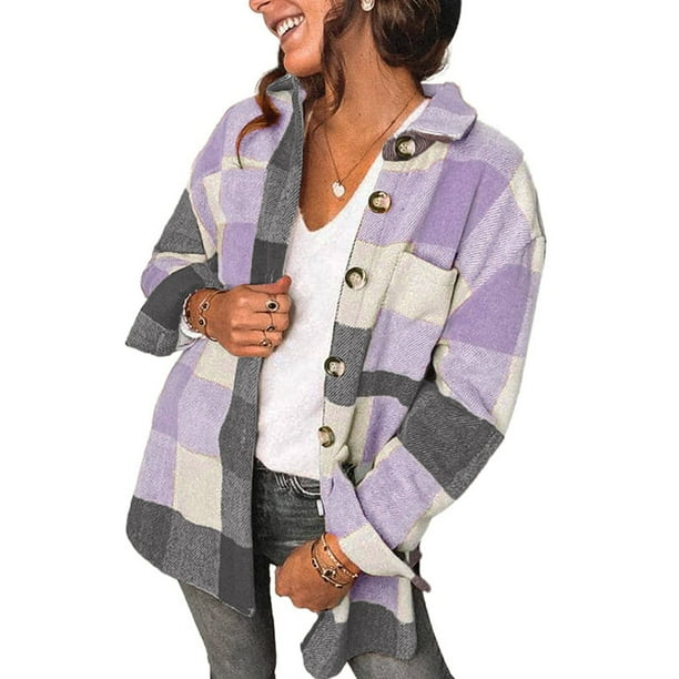 Fantaslook Womens Plaid Shirts Flannel Shacket Jacket Long Sleeve