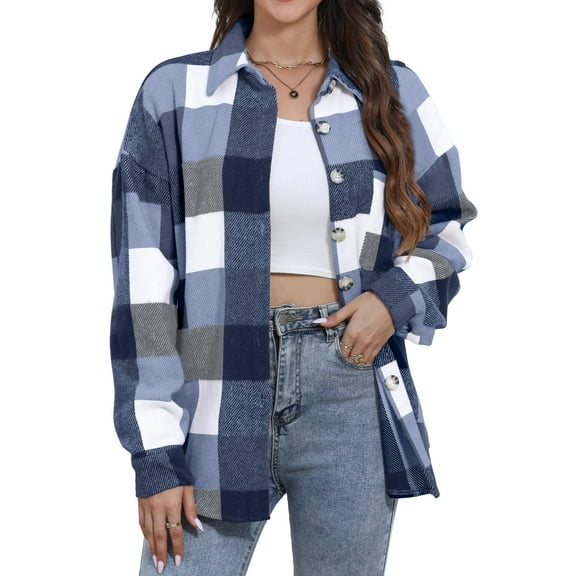 Fantaslook Womens Plaid Shirts Flannel Shacket Jacket Long Sleeve Button Down Boyfriend Shirt Coats