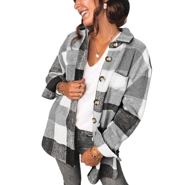 Fantaslook Womens Plaid Shirts Flannel Shacket Jacket Long Sleeve Button Down Boyfriend Shirt Coats