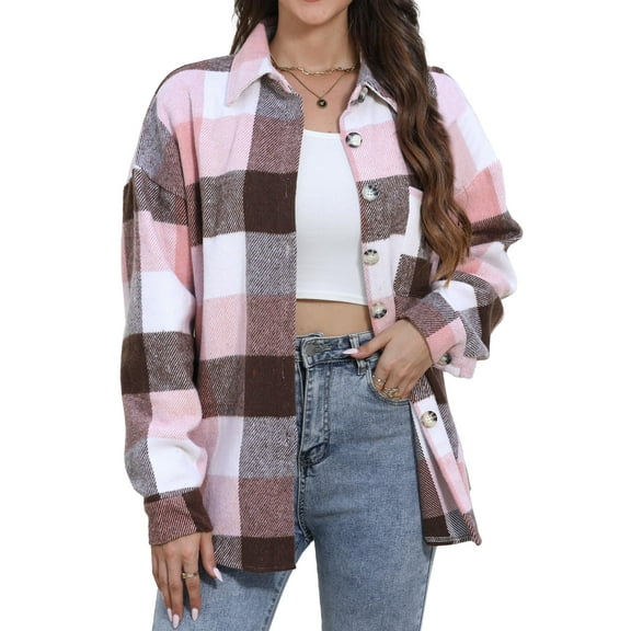 Fantaslook Womens Plaid Shirts Flannel Shacket Jacket Long Sleeve Button Down Boyfriend Shirt Coats