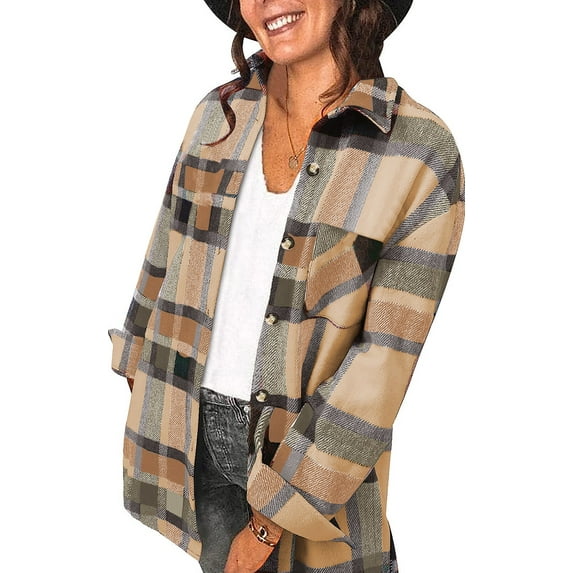 Fantaslook Womens Plaid Shirts Flannel Shacket Jacket Long Sleeve Button Down Boyfriend Shirt Coats