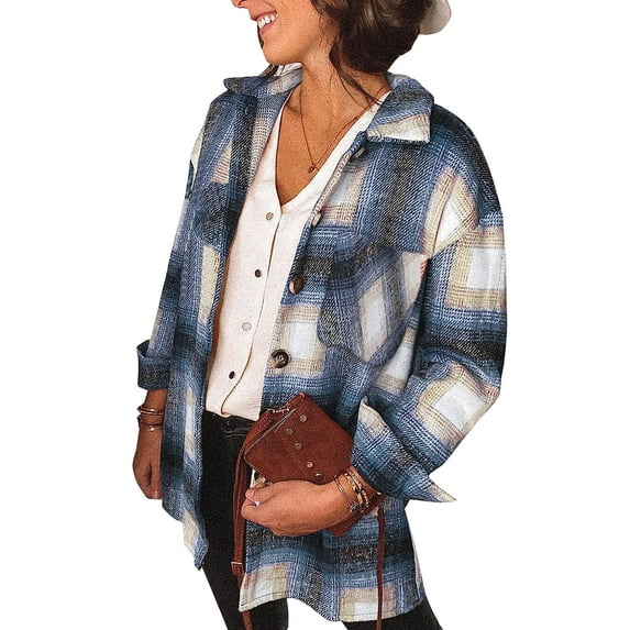Fantaslook Womens Plaid Shirts Flannel Shacket Jacket Long Sleeve Button Down Boyfriend Shirt Coats