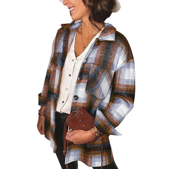 Fantaslook Womens Plaid Shirts Flannel Shacket Jacket Long Sleeve Button Down Boyfriend Shirt Coats