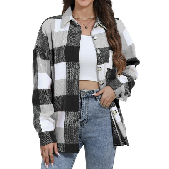 Fantaslook Womens Plaid Shirts Flannel Shacket Jacket Long Sleeve Button Down Boyfriend Shirt Coats