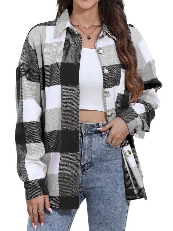 Womens Plaid Shirts Flannel Shacket Jacket Long Sleeve Button Down Boyfriend Shirt Coats